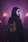 Black zip-up hoodie with soft fleece interior, metal zipper, and front pockets”