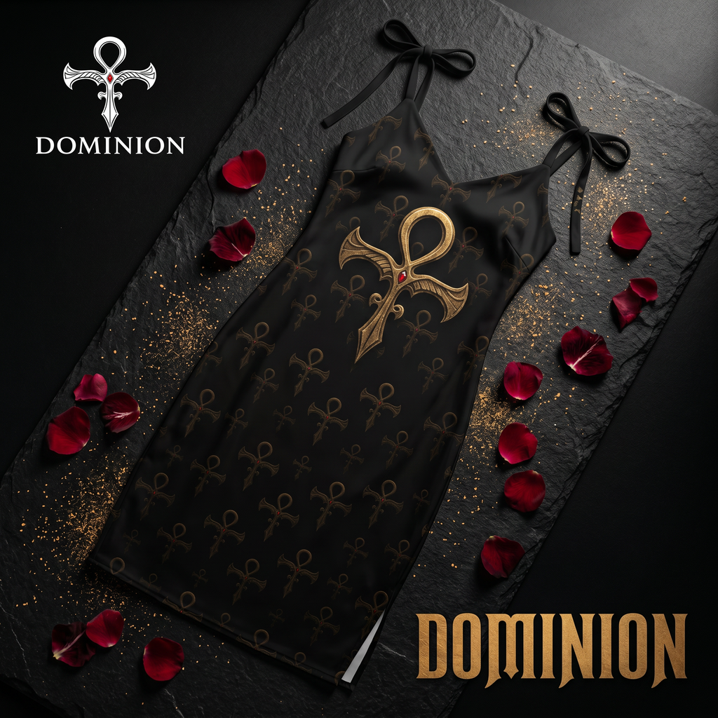 Black dress with gold emblem on a dark surface with red petals, featuring the 'Dominion' brand.