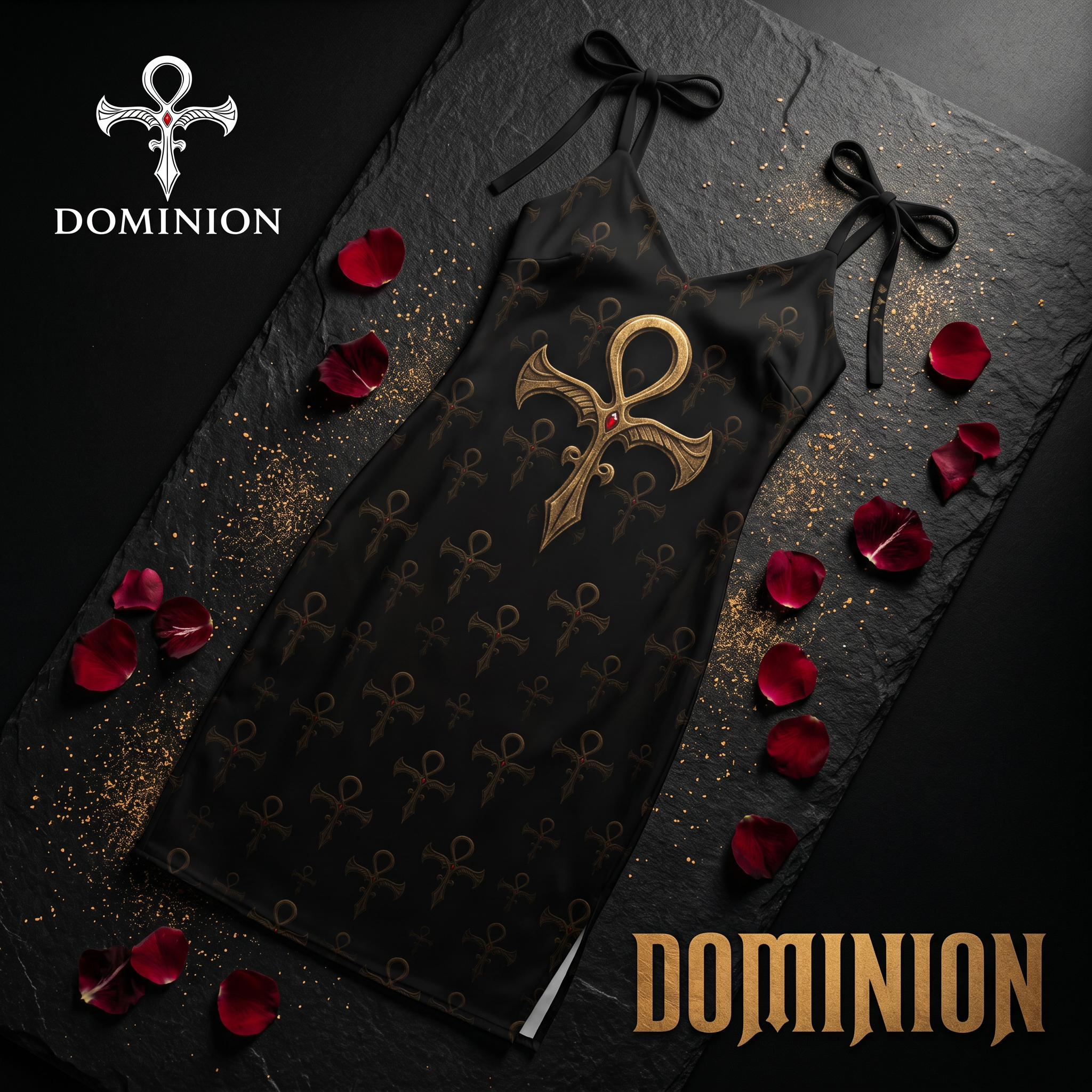 Black dress with gold emblem on a dark surface with red petals, featuring the 'Dominion' brand.